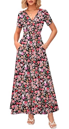 Image of WNEEDU Women's Summer Maxi Dress Short Sleeves Wrap V Neck Long Dresses with Pockets