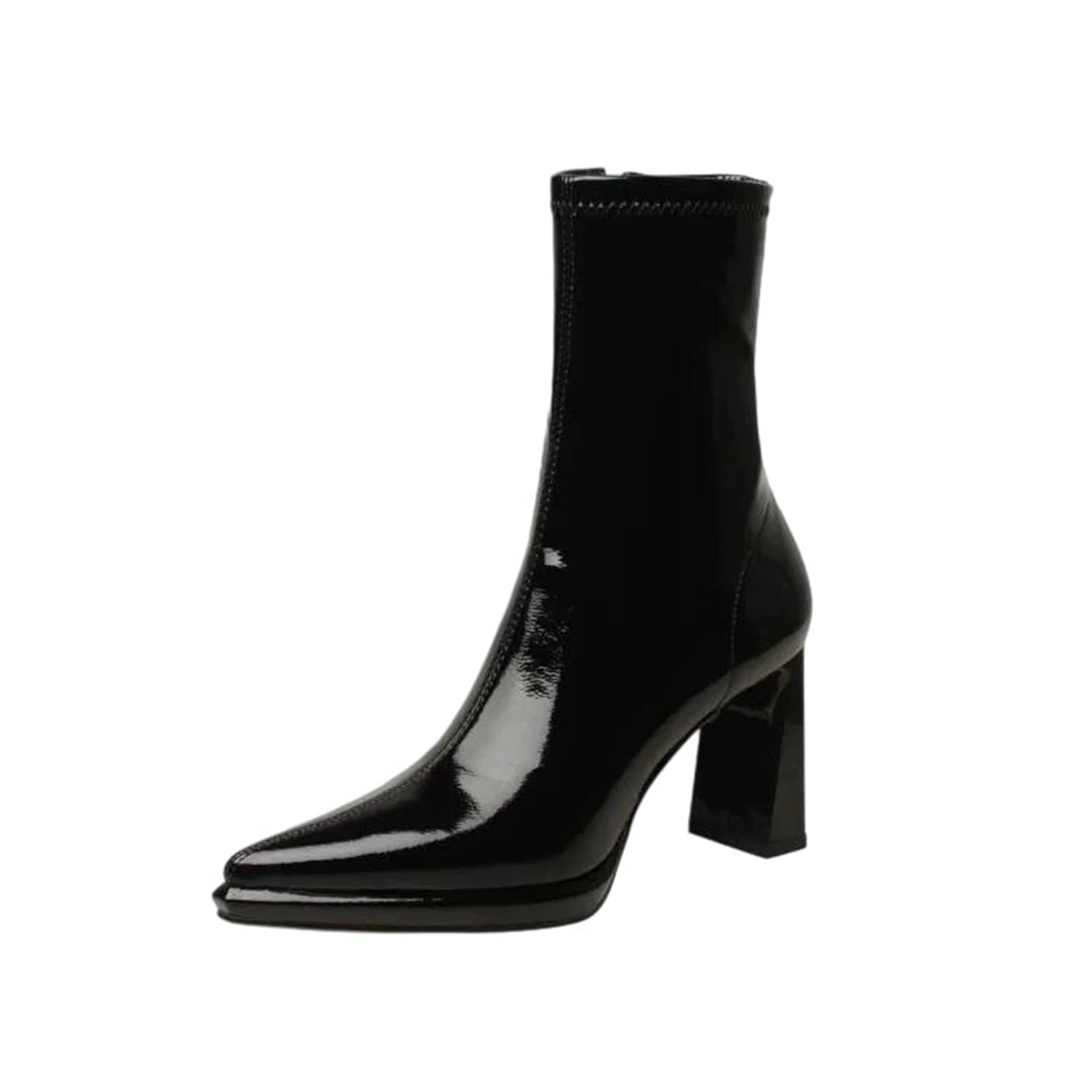 Womens Booties Pointed Toe High Square Heel Platform Mid-Calf Boots Elegant Stretch Style With A Functional Side Zipper