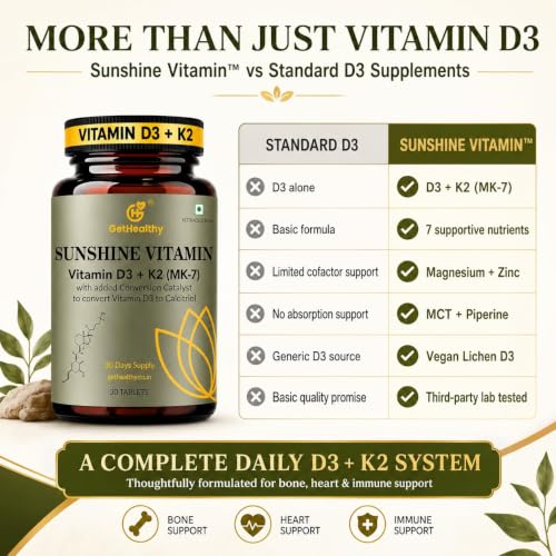 Image of GetHealthy Sunshine Vitamin Premium Vegan Vitamin D3 K2 MK7 Tablets | Lichen D3 600 IU + MK-7 55 mcg with Zinc, Curcumin, Piperine, Magnesium & MCT | Bone, Heart & Immune Support | Lab Tested | 120 Day Supply
