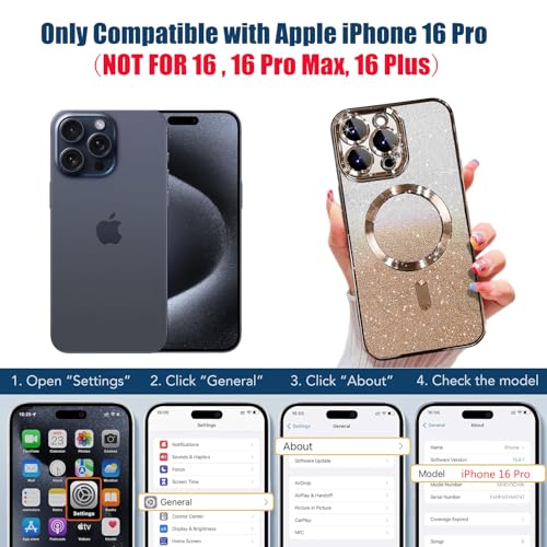 Image of Misscase for iPhone 16 Pro Magnetic Glitter Case Compatible with MagSafe,Camera Lens Protector Full Protection Elegant Anti-Scratch Dust-Proof Net Case Cover for iPhone 16 Pro Gold