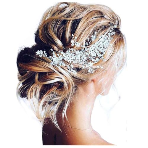Unicra Bride Flower Wedding Hair Vine Crystal Bridal Hair Piece Rhinestone Party Hair Accessories Leaf Jewelry Bead Headpiece for Women and Girls (Silver)