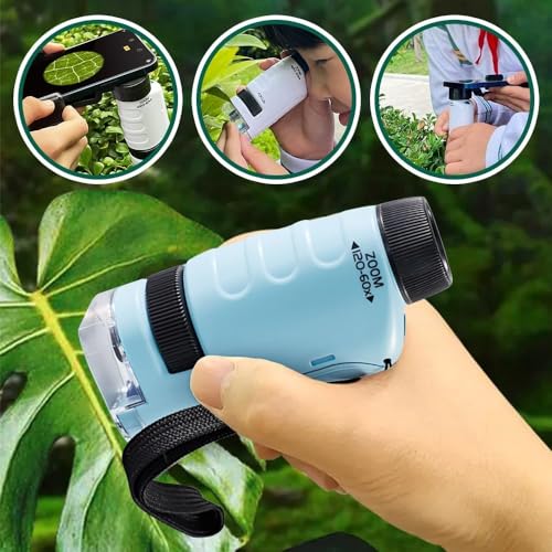 Image of Mini Microscope for Kids, 2026 New Pocket Microscope for Kids, Protable Handheld Kids Microscope with LED Light 60X-120X, Mini Scope for Home School Lab Science Education (Blue)