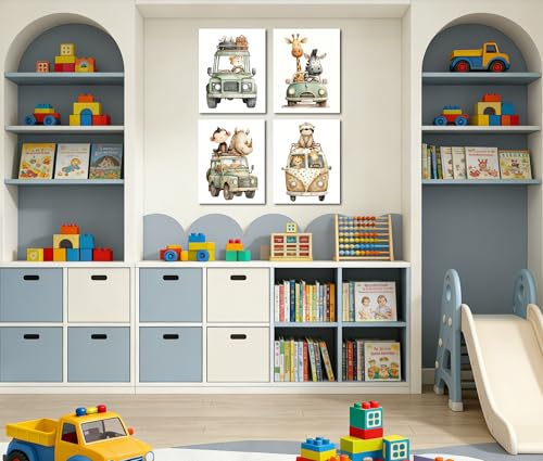 Image of Frimeeme Animal Car Safari Wall Art Prints, Set of 4, 8x10 Inch, Unframed