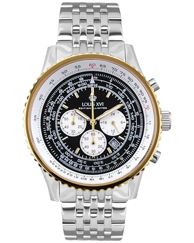 LOUIS XVI Artagnan 3440 - Ø 47.5 mm - Herren Uhr - Chronograph - Wasserdicht - Uhr mit Saphirglas - Bicolor - Armband Silber - Zifferblatt Schwarz