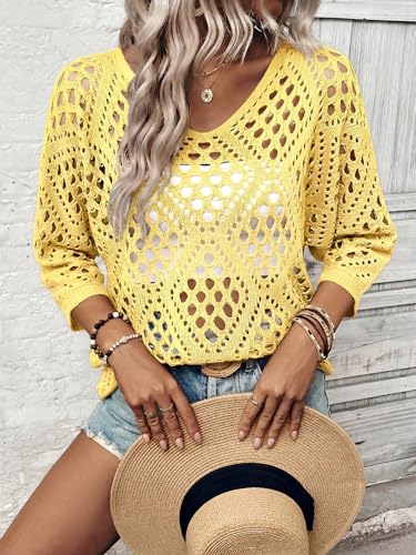 Image of Verdusa Women's Crochet Beach Summer Sweater 3 /4 Length Sleeve Boho Off The Shoulder Tops