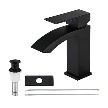 EZANDA Brass Waterfall Bathroom Faucet with Extra Large Rectangular Spout, Deck Plate, Pop-up Drain Assembly & Water Supply Hoses Included, Matte Black, 14254