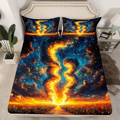 Erosebridal Tornado Fitted Sheet Full,Starry Sky Stars Galaxy Bed Sheets for Kids Boys Teens,Natural Storm Room Decor,3Pcs(1 Fitted Sheet,2 Pillowcases)
