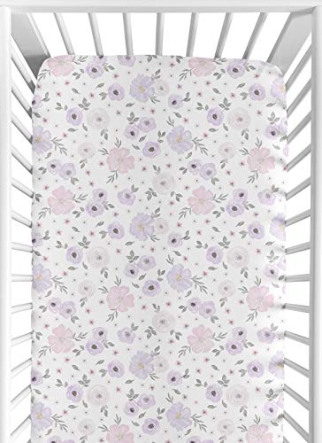 Image of Sweet Jojo Designs Floral Girl Jersey Stretch Knit Baby Fitted Crib Sheet for Soft Toddler Bed Nursery - Lavender Purple, Pink and Grey Boho Shabby Chic Rose Watercolor Flower