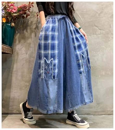 Extra Wide Leg Denim Pants for Women with Embroidery Elastic Band & Drawstring,Fashionable Literary Vibe Dressy Jean4