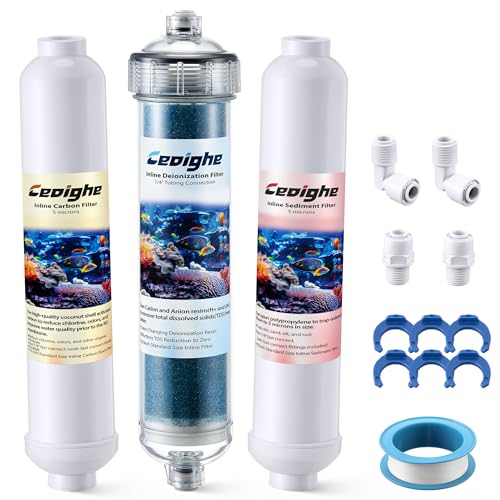 Ceoighe 3 Pack Aquarium Filter Replacement Cartridge Set Compatible with AquaticLife RO Buddie Inline Cartridges for Clear Include Sediment Carbon Block Color Changing DI Resin and Quick Couplings