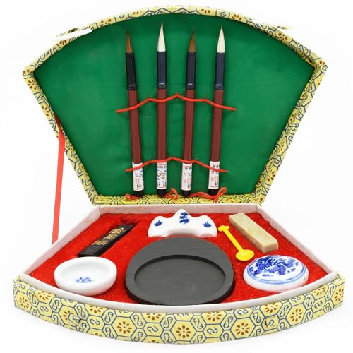 Zen Minded Chinese Calligraphy & Oriental Ink Writing/Paint Set - Includes 4 Brushes, Ink Stone, Seal - Small