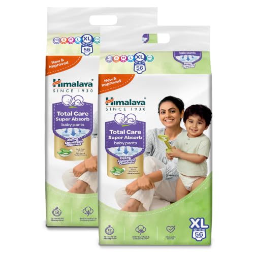 Himalaya Total Care Super Absorb Baby Pants Diaper | Size XL (Extra Large) 112 Count | Pack of 2 | 12-17 kg | Breathable & Rapid Zig Zag Absorption | 