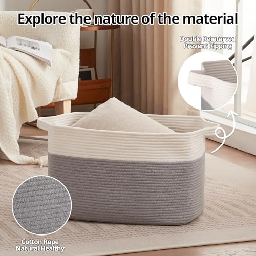 Image of OIAHOMY Large Blanket Basket, 65L Cotton Rope Woven Laundry Basket, Toy Bin for Baby Room, Container for Blanket Storage in Living Room, 20''x16''x12'', Grey & White