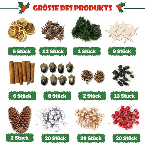 119 Stück Weihnachtskranz Deko, Adventskranz Deko, Potpourri Weihnachten, Adventskranz Bastelset mit Tannenzapfen, Eicheln, Getrocknete Orangenscheiben, Birkensternen, Dunkelgrün Moos, Sternanis