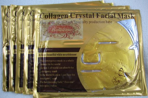 Spa Quality Collagen Face Mask, Includes Green Tea and Aloe Extract - Anti-wrinkle Face Mask for Moisturizing, Firming, Hydrating, Regeneration (Pack of 5) Plus Two Eye Masks By Bellisima(TM)