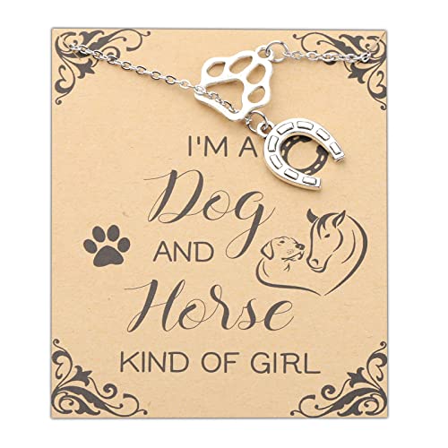 PLITI Dog Lover Gift Horse Riding Gift I'm A Dog And Horse Kind Of Paw Print Horseshoe Necklace For Rider