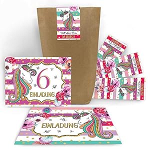 Junaversum Lot de 12 cartons d’invitation pour 6e anniversaire d’enfant fille licorne licorne avec 12 enveloppes, 12…