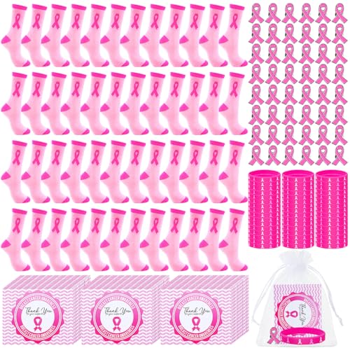 Breast Cancer Awareness Sock Gifts Include Pink Ribbon Socks Silicone Bracelets Pink Lapel Pins Thank You Card Organza Bags for Breast Cancer Charity Event Survivor Campaign Supplies