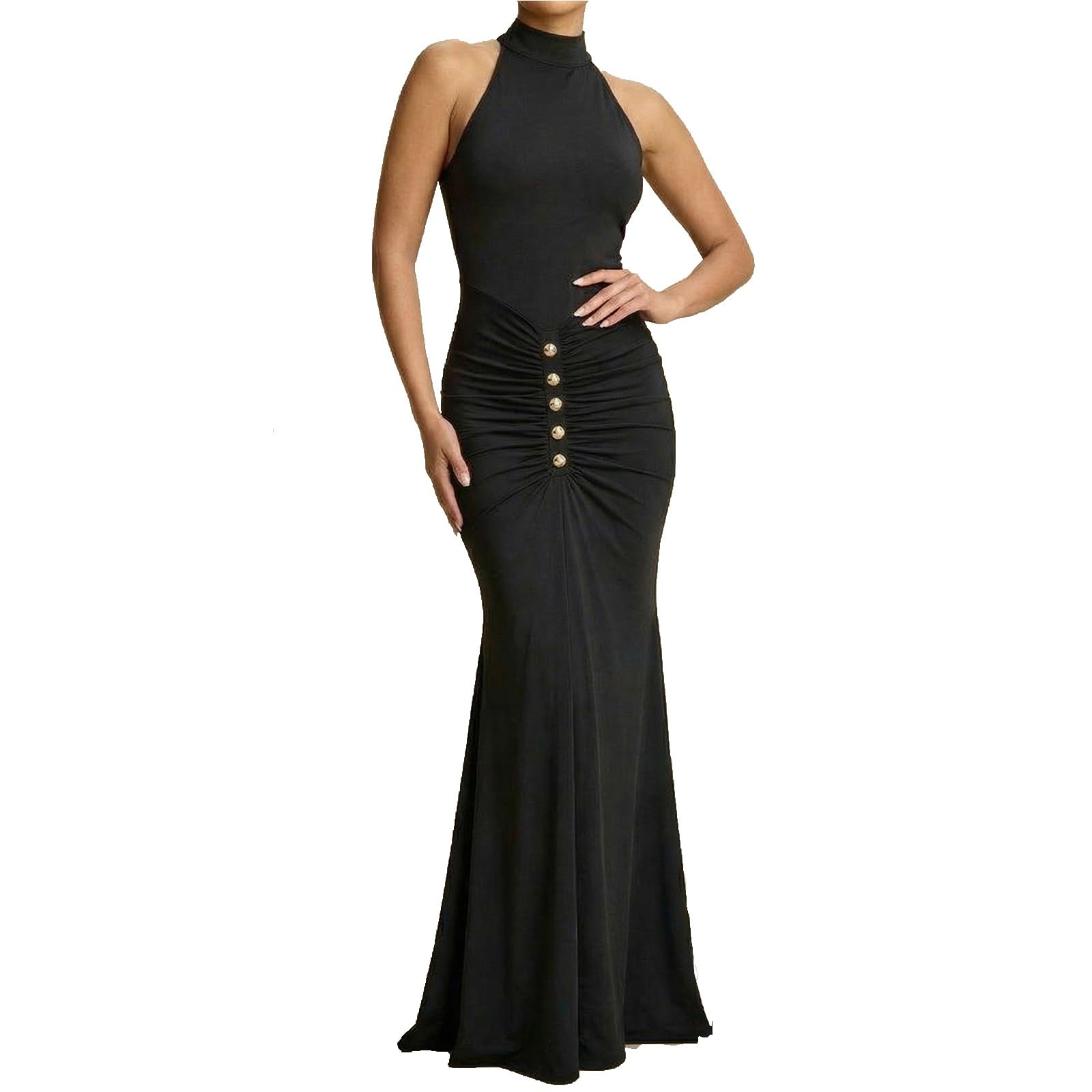Vestido Largo Ajustado de Corte Sirena, con Cuello Halter, Pliegues En La Parte Delantera, Detalles Dorados, Espalda Descubierta, Ideal para Fiestas Nocturnas