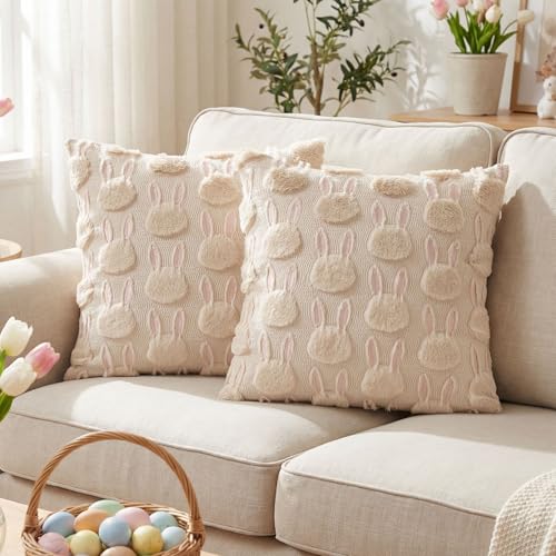 Kevin Textile Easter Pillow Covers 18 x 18 Inch Set of 2 Luxury Soft Bunny Rabbit Pattern Embroidery Decorative Throw Pillowcases for Spring Happy Easter Couch Sofa Living Room, Beige
