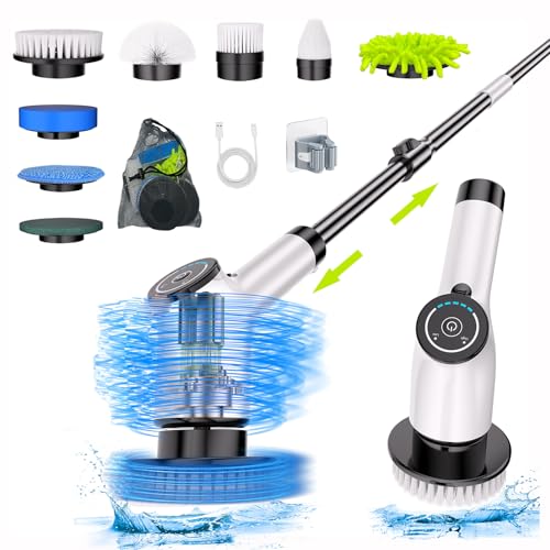 Image of Electric Spin Scrubber, Cordless Cleaning Brush with 8 Replaceable Brush Heads and Adjustable Extension Handle, Power Scrubber Dual Speed Cleaning Scrubber for Bathroom, Kitchen, Car