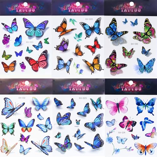 6 PCS Faux Tatouages 3D Colorés de Papillons, Butterfly Face Art, Papillon Tattoo Stickers, Autocollants Adhésifs Éphémères, Cadeau Anniversaire et Déco...