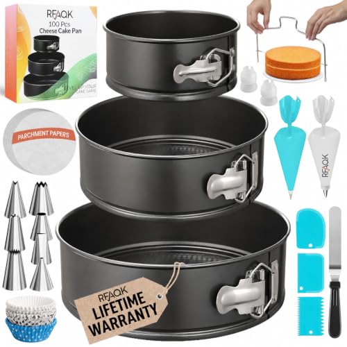 RFAQK Cake Tins for Baking 100 Pcs Springform Cake Tins Kit Includes 3 Round Non-Stick Cake Pan...