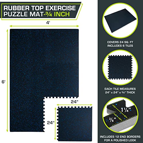 Image of ProsourceFit Rubber Top Exercise Puzzle Mat -inch, EVA Foam, Protective Interlocking Tiles for Home Gym Equipment and Workouts; Blue, 24 SQ FT, 6 Tiles