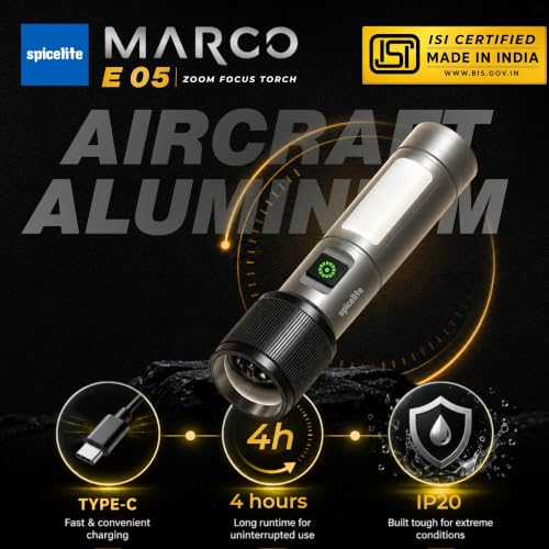 Image of Spicelite Marco E05 Rechargeable LED Torch Light High Power, 6W Long Range Flashlight with Zoom Focus, Type-C Fast Charging, Aluminium Body, IP20 Water Resistant, 6 Modes for Camping & Emergency