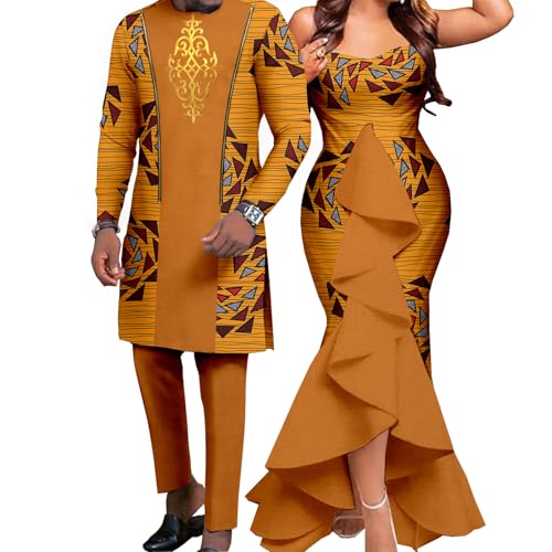 Sexy African Print Draped Dresses for Women Match Clothes Couple Outfits Dashiki Men Outfits Shirt and Pant Sets