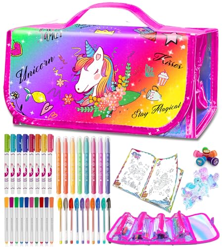Image of weirtoya 56 PCS Washable Scented Markers with Glitter Pencil Case, Mermaid Unicorn Arts and Crafts for kids 4-6-8 Kids Coloring Drawing Kits for 4-8 Years Old Girls Xmas Gifts Stocking Stuffers
