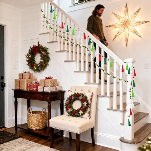 Image of MARFOREVER 4 Pack 26.3 Ft Christmas Pom Pom Garland Party Supplies Decor | Red Green White Christmas Felt Ball Garland, Xmas Tassel Garlands, Xmas Tree Holiday Home School Birthday Hanging Decoration