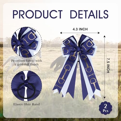 YKW 2 Pack Moños Ecuestres para Cabello para Niñas - Clips de Cinta con Diseño de Freno de Caballo en Azul Marino y Blanco - Accesorios de Grosgrain para Eventos de Equitación, Escuela, Fiestas - 4.3×7.5 Pulgadas miniatura 2