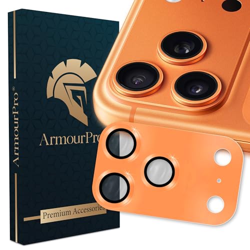 Image of ArmourPro Camera Lens Protector for iPhone 17 Pro 6.3-Inch, Full Coverage 9H Tempered Glass Ring Cover, Matte Metal Plate, Case Friendly | Orange, Pack of 1