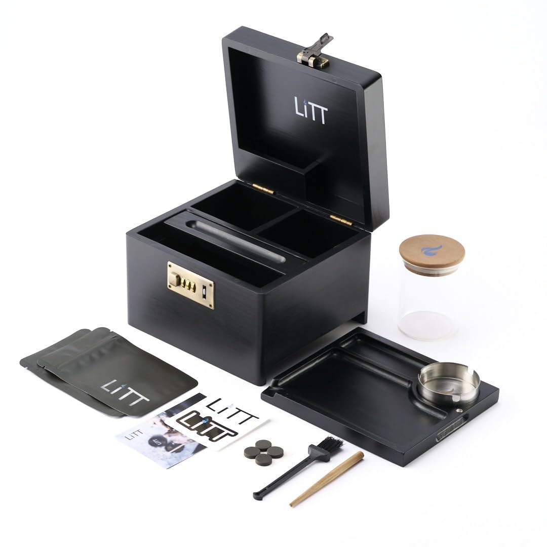 Litt Black - Premium Wooden Combination Lock Storage Stash Box Set With Glass Jar, Hidden Tray, And Storage Box (Black)