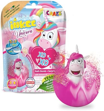 CRAZE INKEE UNICORN kula kąpielowa dla dzieci z niespodzianką, 100 g z figurkami jednorożca, zapach pop-cornu
