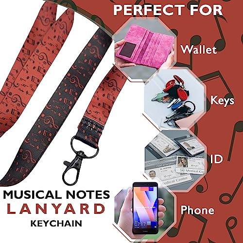Image of Music Lanyard Keychain - Musical Notes Work ID Lanyard for Keys ID Badges - Black and Red Teacher Lanyards - Gifts for Music Lovers Musician - Lanyards for Cruise Ship Cards - Back to School