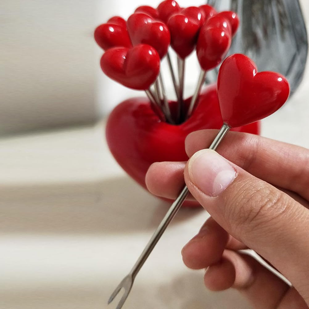 Cake Base 1 Set Cocktail Forks Heart Shape Fruit Forks Salad Forks Decorative Martini Stick Appetizer Forks Food Pick with Stand for Home Party Banquet Wedding Red