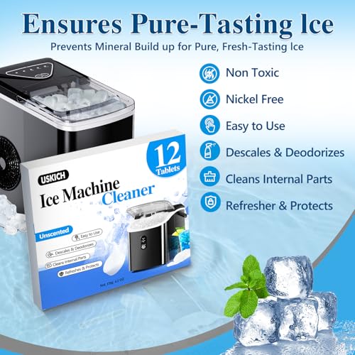 Image of USKICH Ice Machine Cleaner Descaler Tablets-12 Pack Ice Maker Cleaner Compatible with Frigidaire, Opal, GE Profile, Kitchenaid, Nickel Safe Scale Remover for Countertop, Nugget Ice Makers