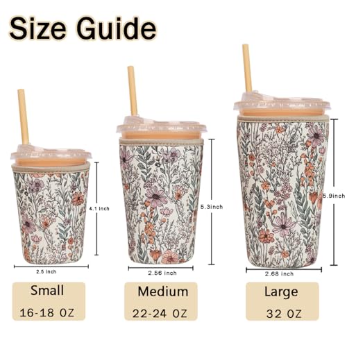 Image of Reusable Insulated Sleeve for Iced Coffee Cup, Coffee Neoprene Sleeve for Cold & Hot Drinks, Beverage Holder for Iced Coffee (Bloom Magic, Small: 16-18oz)