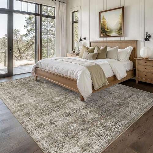 Image of 9x12 Washable Area Rug for Living Room Bedroom Grey Brown Low Pile Soft Non-Slip Boho Rug for Under Table Vintage Distressed Carpet for Bedroom Kitchen Office Dining Room Antique /Moss