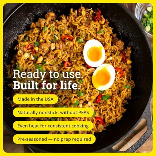 Image of Lodge 14 Inch Cast Iron Wok with Dual Loop Handles - PFAS FREE Pre-Seasoned Family Size Stir Fry Pan - Stovetop & Oven Safe Heavy Duty High-Heat Retention Wok - Made in USA