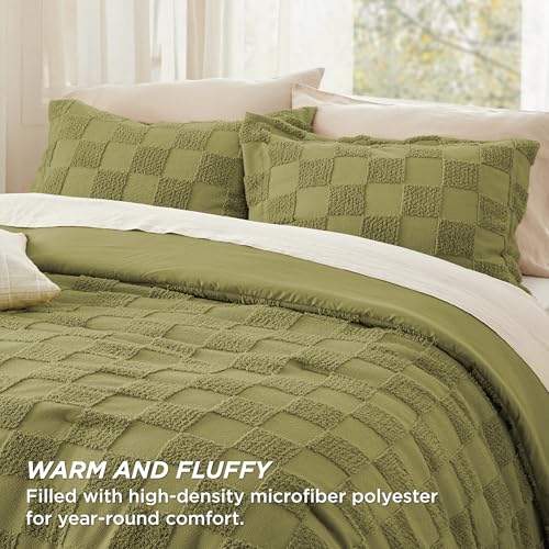 Image of Bedsure Queen Size Comforter Set Olive Green, Boho Tufted Bed Set, Checkered Farmhouse-Style Distressed Vintage Bedding, 3 Pieces, 1 Plaid Geometric Comforter and 2 Pillow Shams