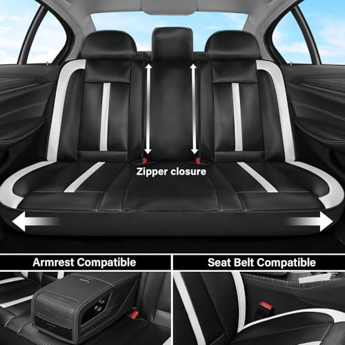 Image of Coverado Leather Car Seat Covers Full Set & Carbon Fiber, Waterproof and Durable All Weather Protector, Universal Fit for SUV, Pickup Truck, Sedan, Automotive Vehicle Interior, Black&White