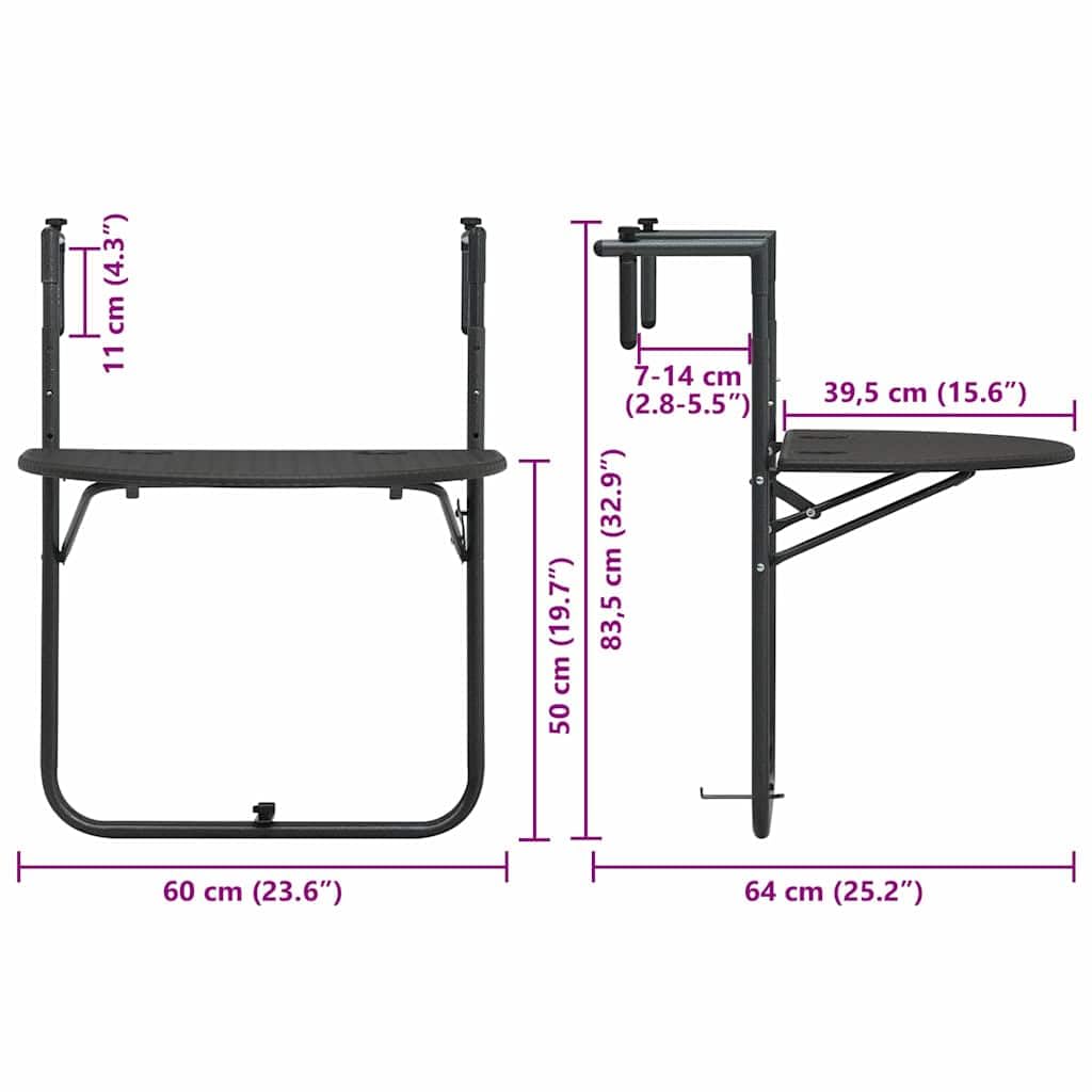 Table suspendue de balcon marron 60 x 64 x 83,5 cm en plastique aspect rotin, table d'appoint pliable avec structure en acier réglable en hauteur pour boissons et outils de jardin