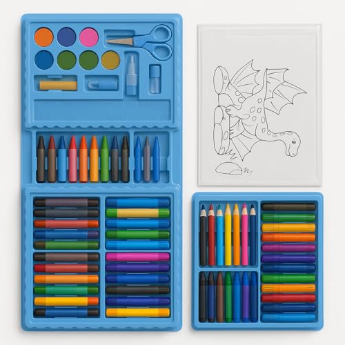 Kit Escolar de Arte 98 Peças – Estojo Maleta Azul, Lápis de Cor, Canetinhas, Giz de Cera, Aquarela e Folhas para Colorir – Criatividade Meninos