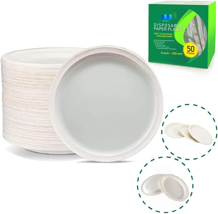 50 Pack 9 Inches Paper Plates Eco Friendly Bagasse Disposable Plates