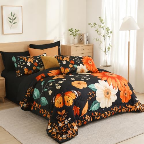 Image of BOV Textile Black Floral Comforter Set, Queen, 7-Piece Bed in a Bag | 7-Piece Queen Bed in a Bag with a 90 x 90 in Puffy Comforter, Floral Shams, Sheets, Pillowcases and 14 in Fitted Sheet
