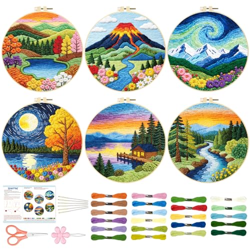 Image of BEUNITONE 6 Pack Hand Embroidery Starter Kit for Adults with Pre-Print Scenery Pattern, Needlepoint Kits with Embroidery Hoop and Instructions, DIY Funny Craft Kits for Gifts and Home Decor