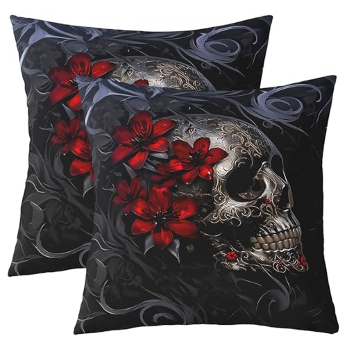 Homewish 2Er Set Gotischer Totenkopf Kissenbezüge 40x40 Kinder, 3D Digitaldruck Schädel Rose Blumen Kissenhülle für Mädchen Jungen Teenager, Mädchenzimmer Dekorativer Kissenbezüge Mit Reißverschluss